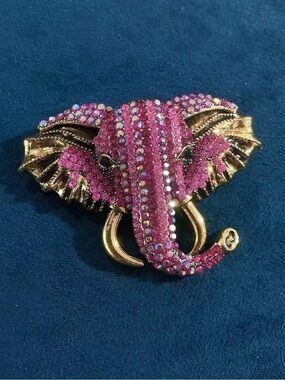 Pink Crystal Elephant Brooch with Gold-Tone Accents
